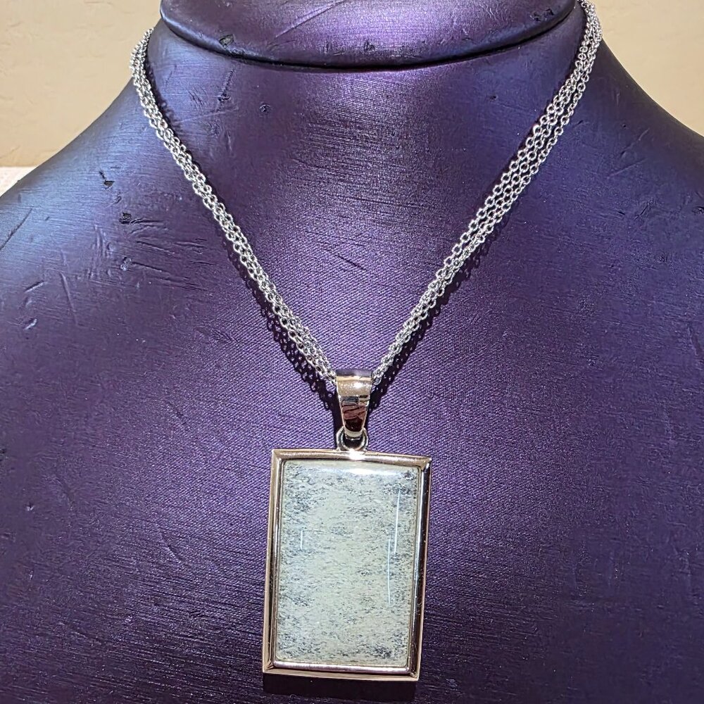 Vintage Transluscent Rectangle Silver Frame Triple Chain Necklace Near Mint